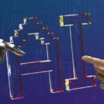Роботизована рука і людська рука тягнуться до світної надписи AI, що символізує генеративний AI-пошук