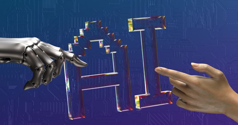 Роботизована рука і людська рука тягнуться до світної надписи AI, що символізує генеративний AI-пошук